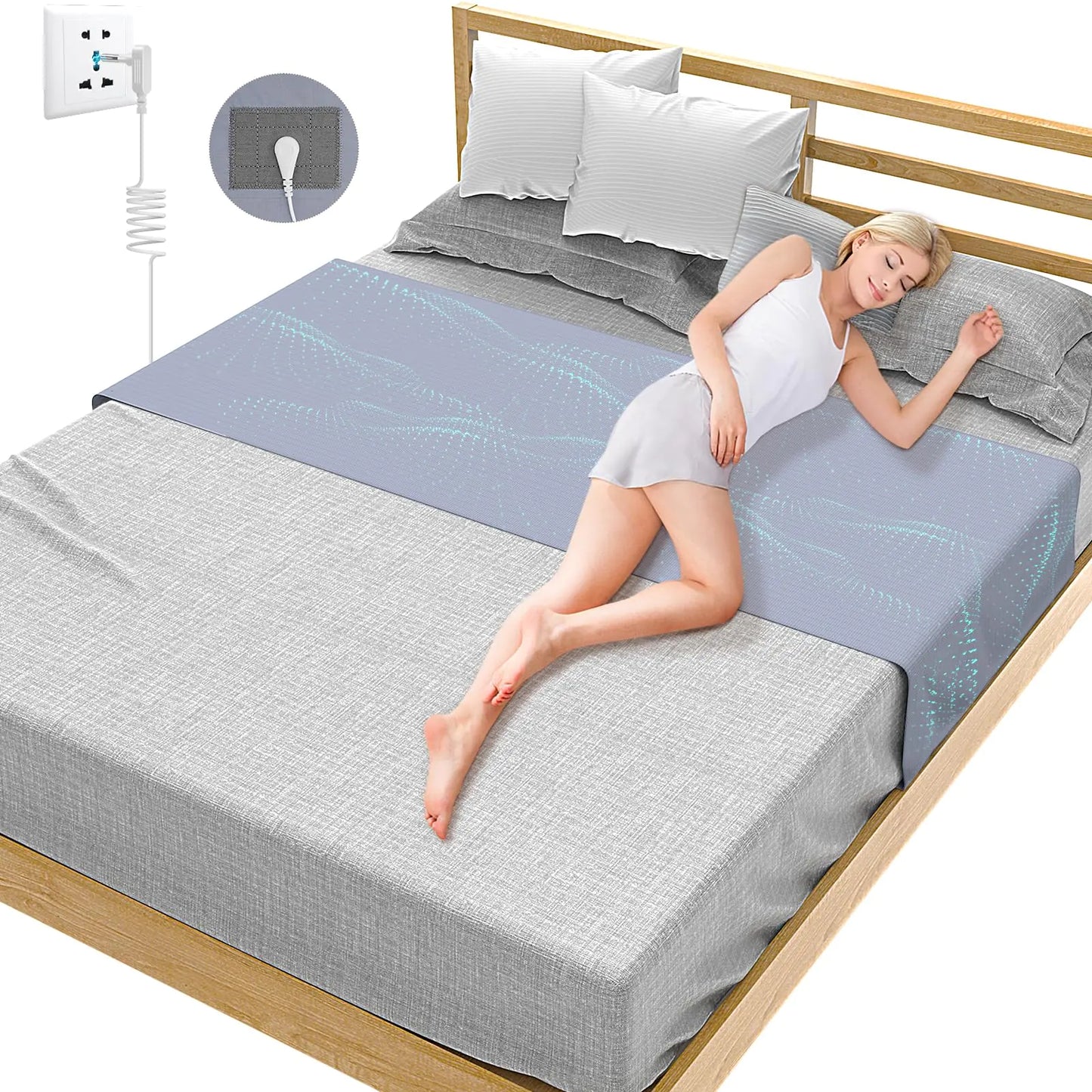Grounding Sheets for Bed 92% Organic Cotton + 8% Pure Silver FiberEnjoy The Grounding Effect Indoors for Better Sleep Pain and Stress Relief Grounding Mat Set Comes with Grounding Cord（Gray）
